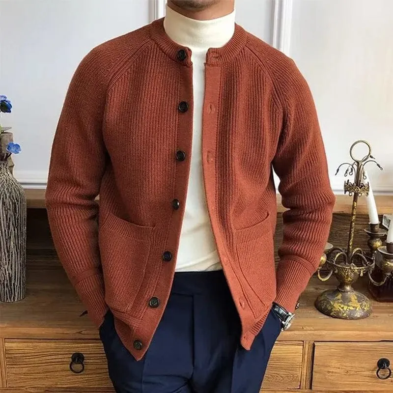Men's Vintage Buttoned Cardigan – Crew Neck Solid Color Long Sleeve Knitted Sweater for Fall Winter