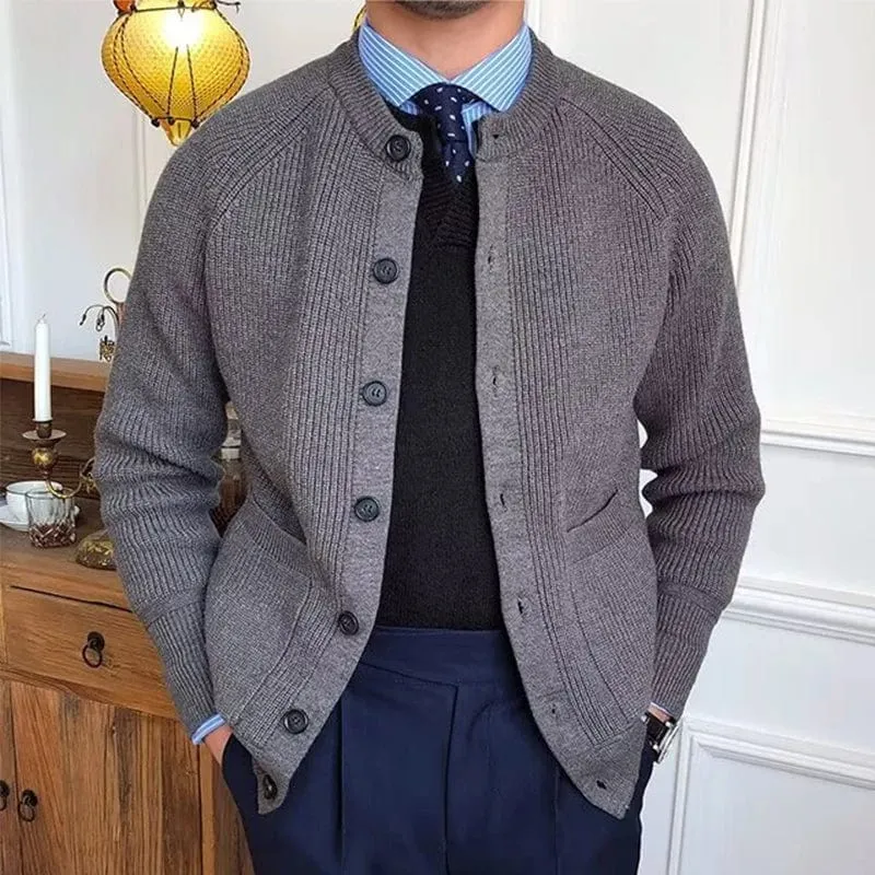Men's Vintage Buttoned Cardigan – Crew Neck Solid Color Long Sleeve Knitted Sweater for Fall Winter