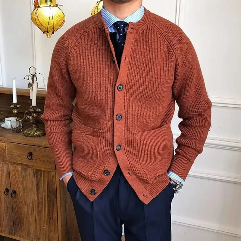 Men's Vintage Buttoned Cardigan – Crew Neck Solid Color Long Sleeve Knitted Sweater for Fall Winter