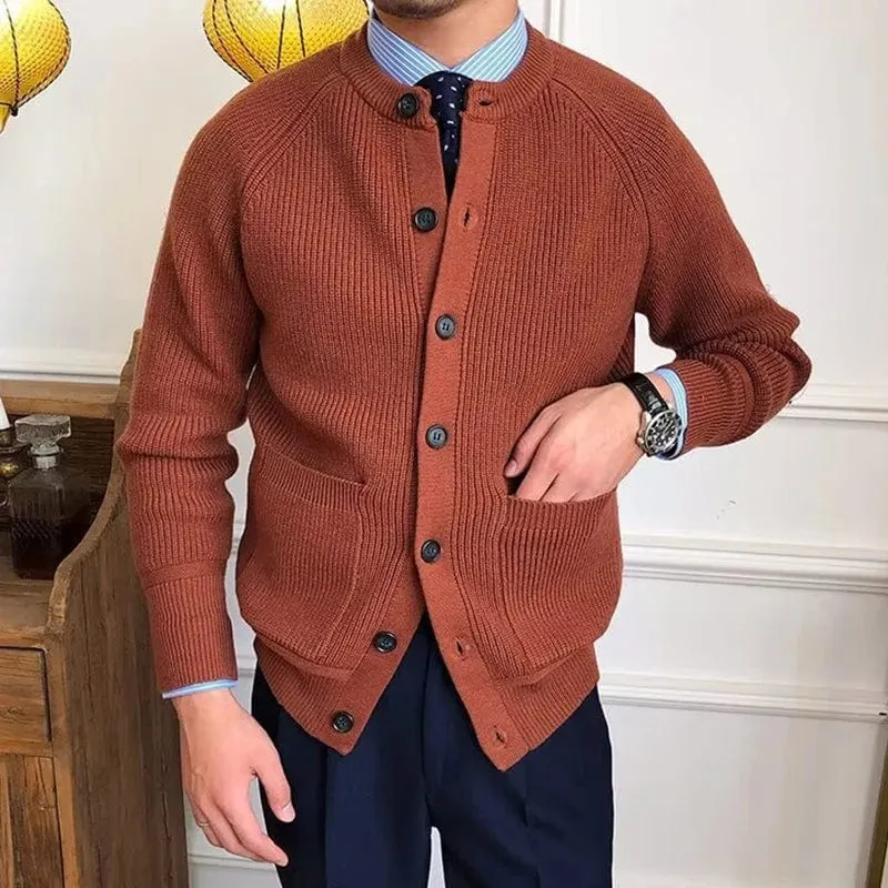 Men's Vintage Buttoned Cardigan – Crew Neck Solid Color Long Sleeve Knitted Sweater for Fall Winter