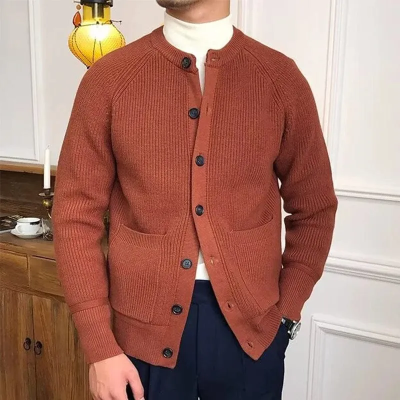 Men's Vintage Buttoned Cardigan – Crew Neck Solid Color Long Sleeve Knitted Sweater for Fall Winter