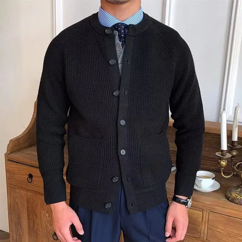 Men's Vintage Buttoned Cardigan – Crew Neck Solid Color Long Sleeve Knitted Sweater for Fall Winter