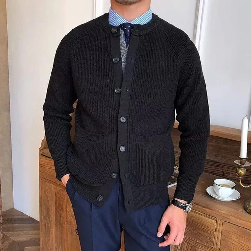 Men's Vintage Buttoned Cardigan – Crew Neck Solid Color Long Sleeve Knitted Sweater for Fall Winter
