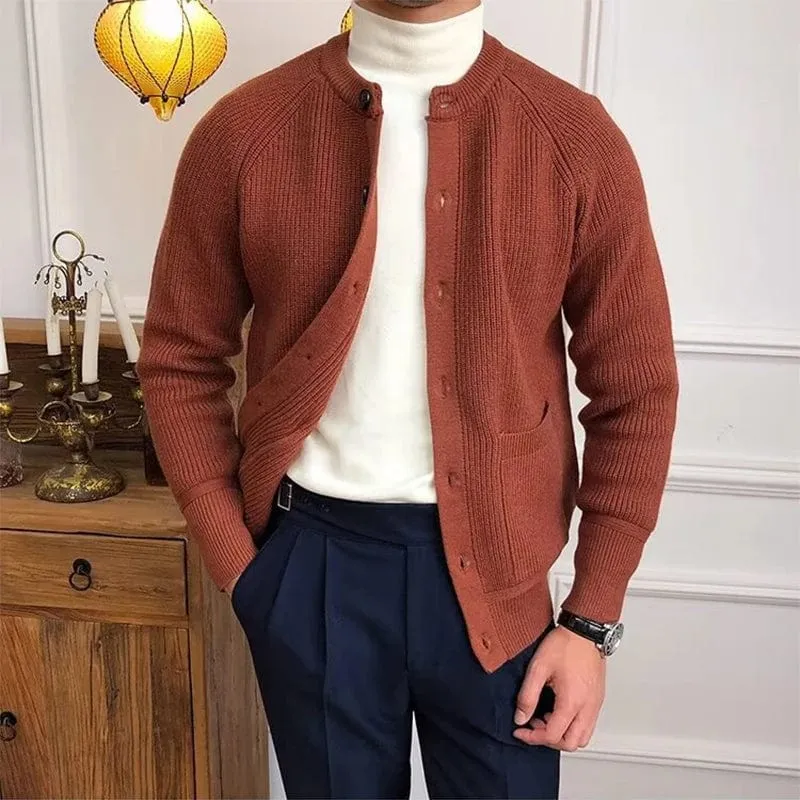 Men's Vintage Buttoned Cardigan – Crew Neck Solid Color Long Sleeve Knitted Sweater for Fall Winter