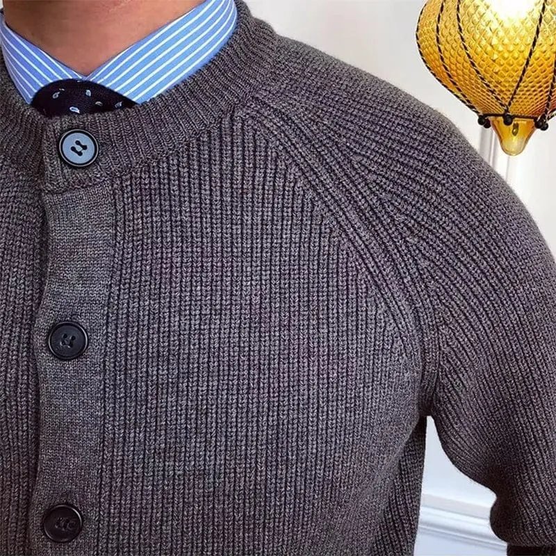 Men's Vintage Buttoned Cardigan – Crew Neck Solid Color Long Sleeve Knitted Sweater for Fall Winter