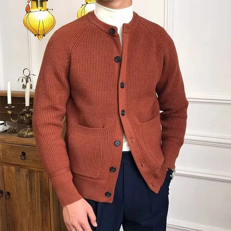 Men's Vintage Buttoned Cardigan – Crew Neck Solid Color Long Sleeve Knitted Sweater for Fall Winter
