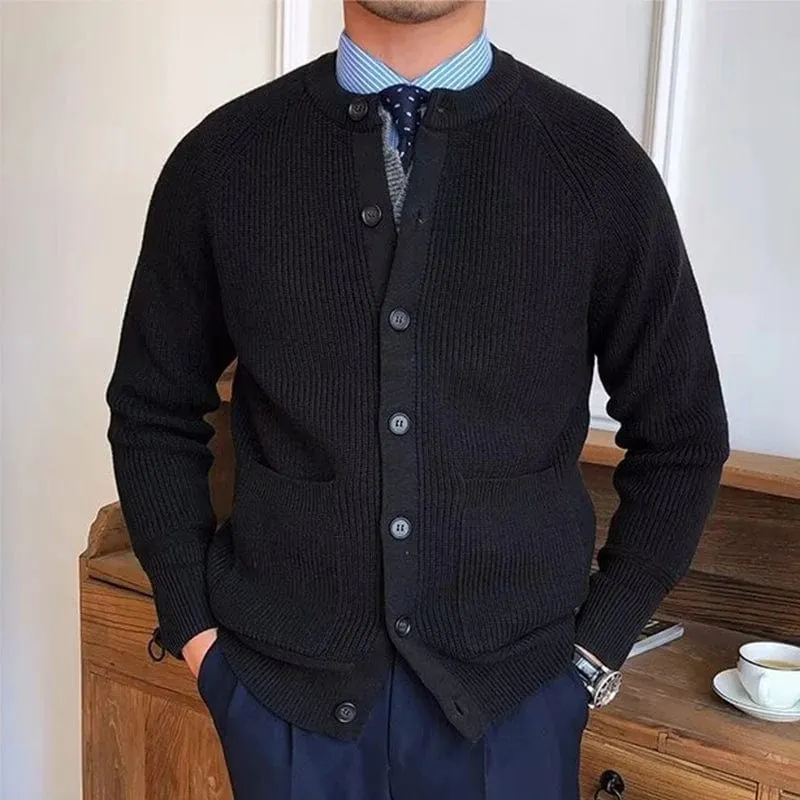 Men's Vintage Buttoned Cardigan – Crew Neck Solid Color Long Sleeve Knitted Sweater for Fall Winter