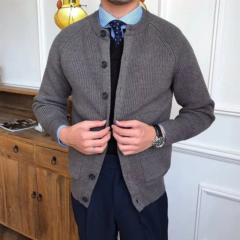 Men's Vintage Buttoned Cardigan – Crew Neck Solid Color Long Sleeve Knitted Sweater for Fall Winter