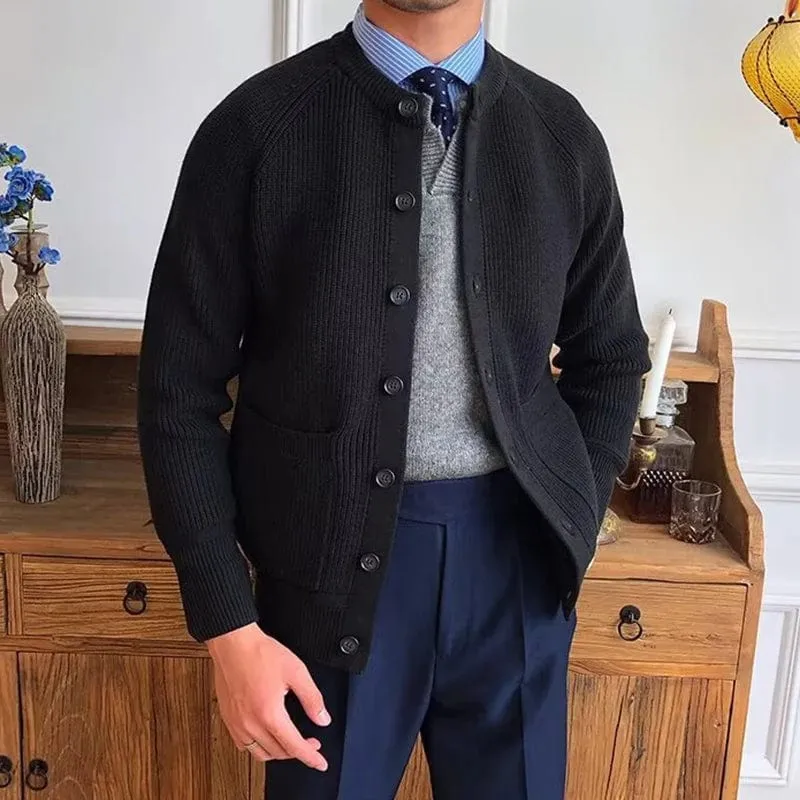 Men's Vintage Buttoned Cardigan – Crew Neck Solid Color Long Sleeve Knitted Sweater for Fall Winter