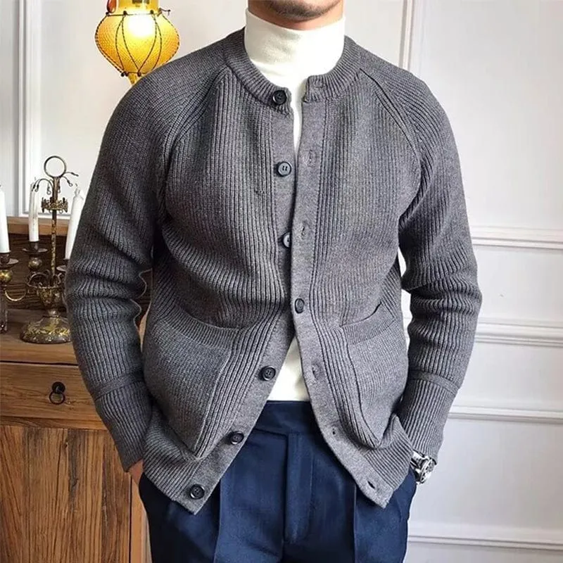 Men's Vintage Buttoned Cardigan – Crew Neck Solid Color Long Sleeve Knitted Sweater for Fall Winter