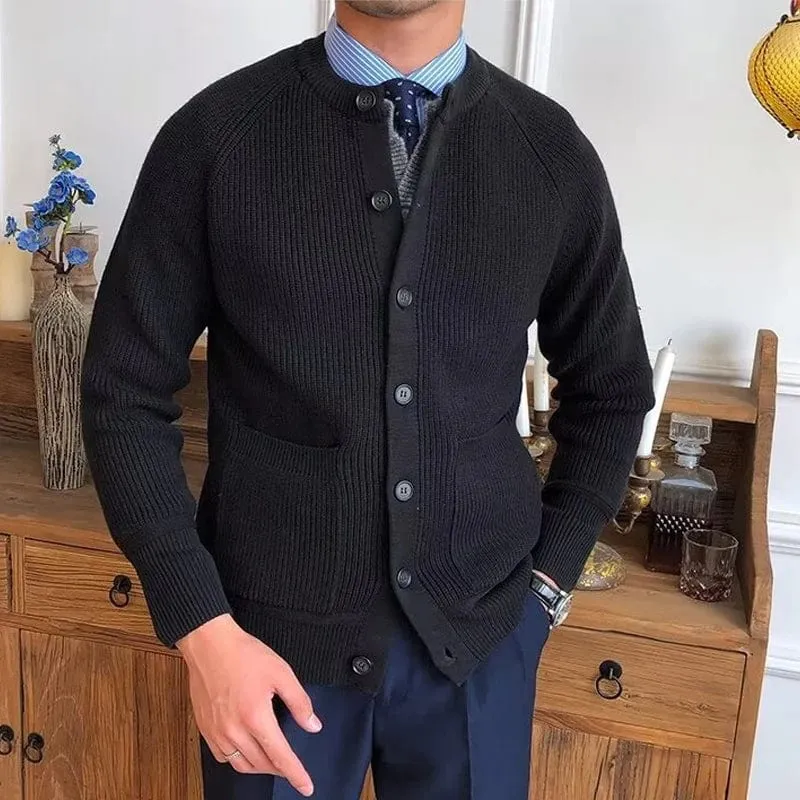 Men's Vintage Buttoned Cardigan – Crew Neck Solid Color Long Sleeve Knitted Sweater for Fall Winter