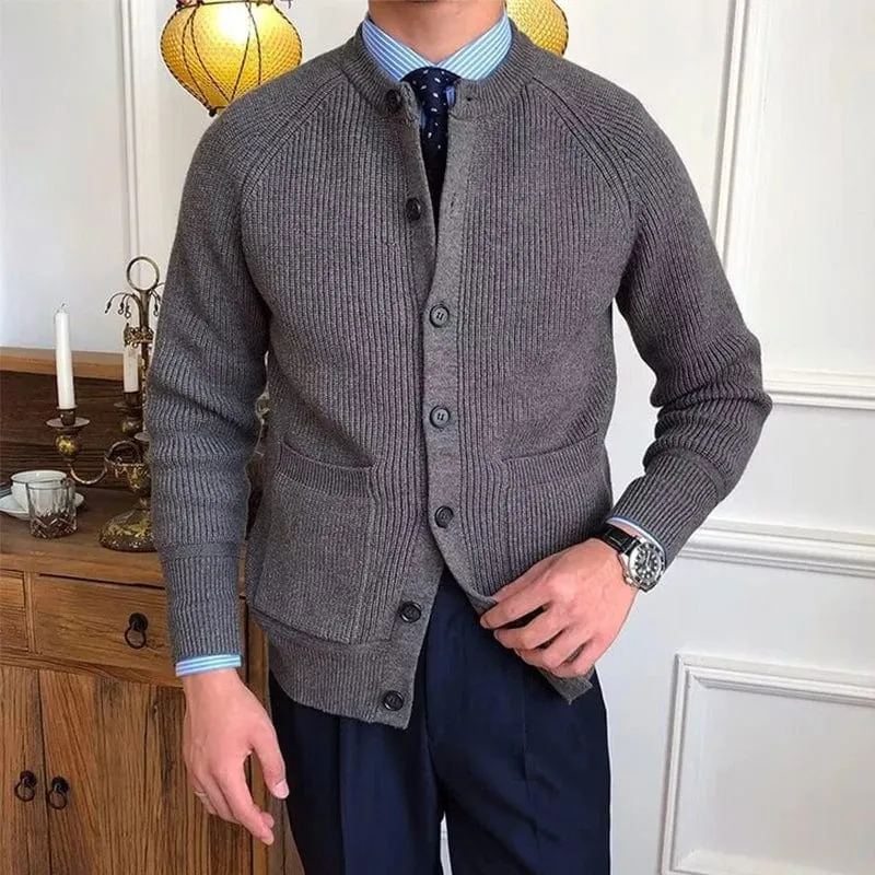 Men's Vintage Buttoned Cardigan – Crew Neck Solid Color Long Sleeve Knitted Sweater for Fall Winter